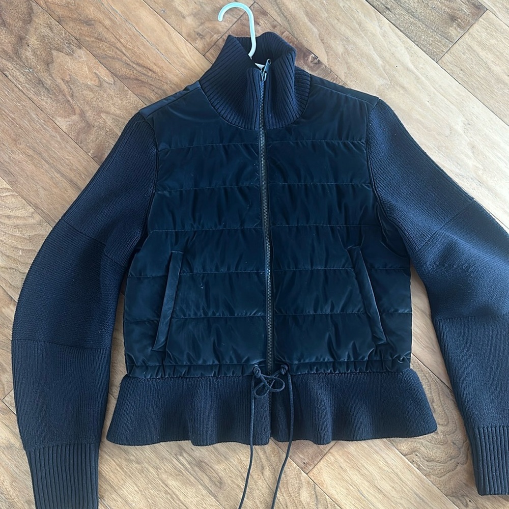 Athleta Black coat with Sweater sleeves. Small. High neck. Cute detailing EUC